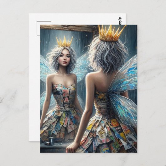 Carte Postale Fée dans une robe de journal Recyclée (Devant / Derrière)
