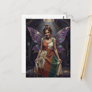 Carte Postale Fée dans une robe recyclée de chiffons colorés