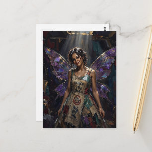 Carte Postale Fée dans une robe recyclée de chiffons colorés imp
