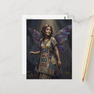 Carte Postale Fée dans une robe recyclée de chiffons colorés imp