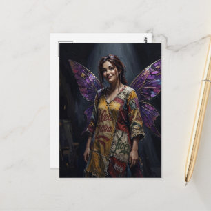 Carte Postale Fée dans une robe recyclée de chiffons colorés rec