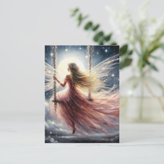 Carte Postale Fée dans une robe rose sur un Imaginaire à aile (Debout devant)