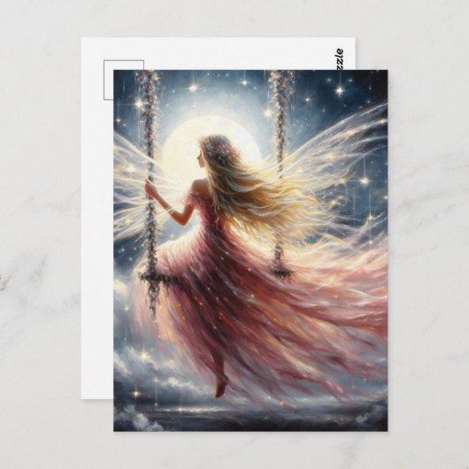 Carte Postale Fée dans une robe rose sur un Imaginaire à aile (Devant / Derrière)