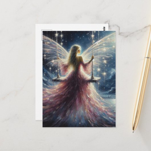 Carte Postale Fée dans une robe rose sur un swing (Devant/Arrière en situation)