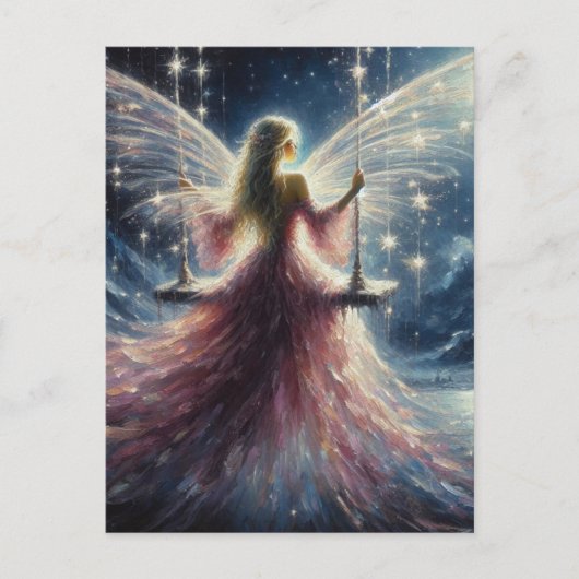 Carte Postale Fée dans une robe rose sur un swing (Devant)