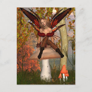 Carte Postale Fée d'automne assise sur un tabouret en bois