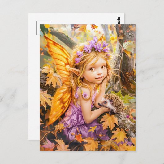 Carte Postale Fée d'automne avec Hérisson ami (Devant / Derrière)