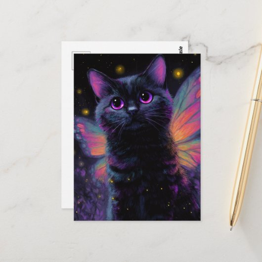 Carte Postale Fée de chat noir et violet adorable (Devant/Arrière en situation)