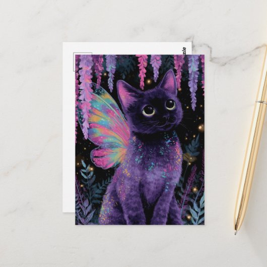 Carte Postale Fée de chat noir et violet adorable (Devant/Arrière en situation)