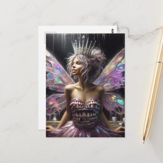 Carte Postale Fée de dents dans sa robe faite de dents (Devant/Arrière en situation)