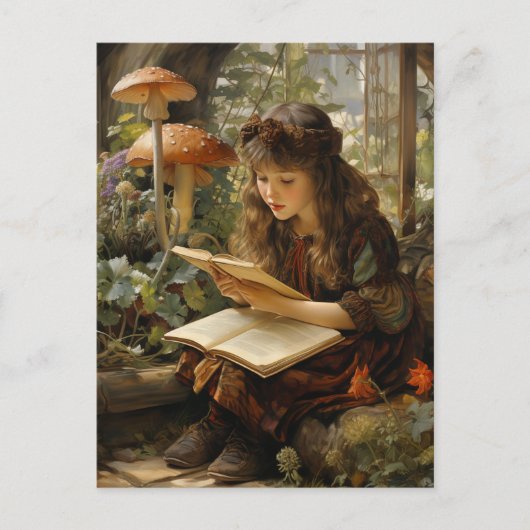 Carte Postale Fée de forêt lire un livre Champignons (Devant)