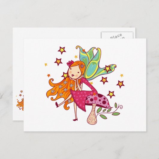 Carte Postale Fée de jardin sur le champignon (Devant / Derrière)