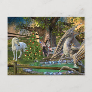 Carte Postale Fée de Noël Fantastique Licorne Dragon