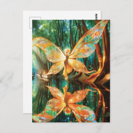 Carte Postale Fée dorée lumineuse volant à travers la forêt (Devant / Derrière)