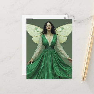Carte Postale Fée en robe verte avec des ailes de papillon de nu