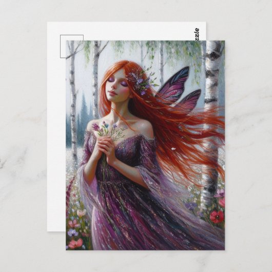 Carte Postale Fée en robe violette à Birch Spring Forest (Devant / Derrière)