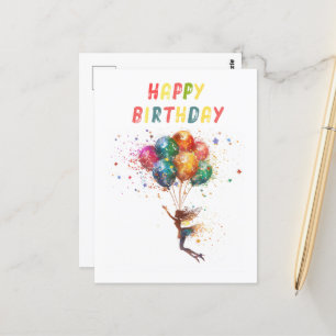 Carte Postale Fée et Ballons Joyeux Anniversaire Coloré