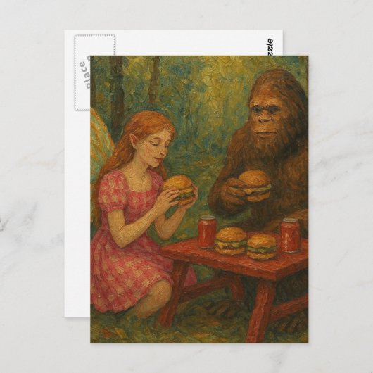Carte Postale Fée et Sasquatch mangeant des cheeseburgers en for (Devant / Derrière)