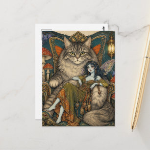 Carte Postale Fée et trône de son chat géant