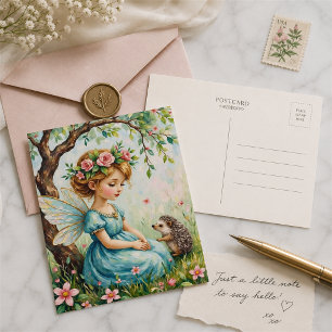 Carte Postale Fée Fantaisiste avec Hérisson dans un Jardin Encha