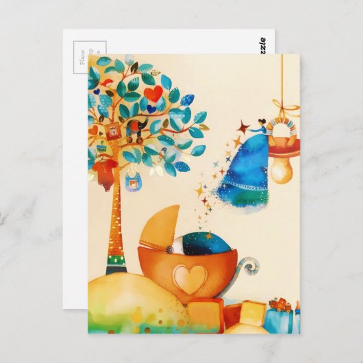 Carte Postale Fée Fantaisiste Félicitations Nouveau-Né Bébé (Devant / Derrière)