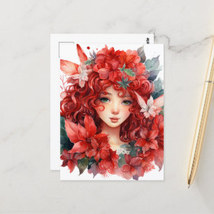 Carte Postale Fée Fleur de Noël Poinsettia Fille