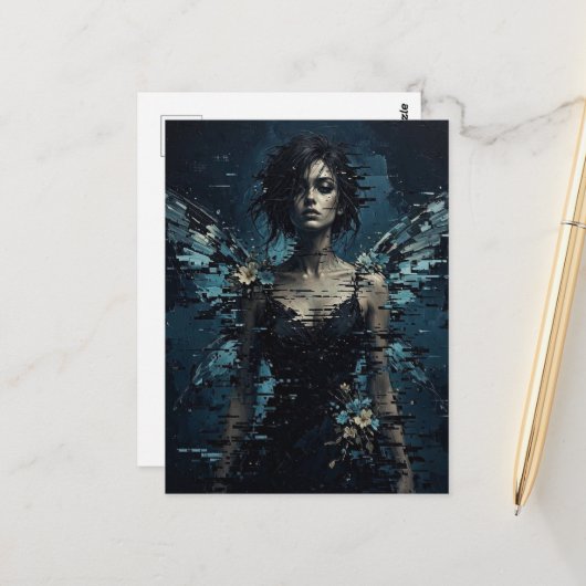Carte Postale Fée Glitch Sombre Avec Fleurs (Devant/Arrière en situation)