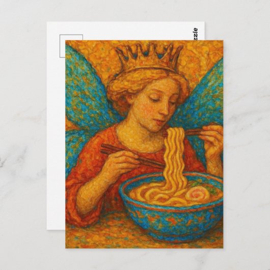Carte Postale Fée mignonne avec ailes bleues manger Ramen (Devant / Derrière)