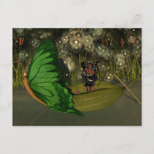 Carte Postale Fée mignonne en bateau avec lucioles