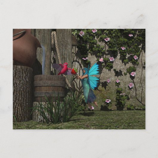 Carte Postale Fée mignonne nourrissant un oiseau (Devant)