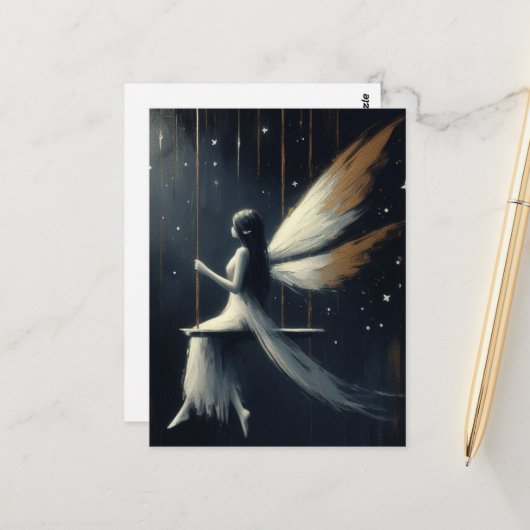 Carte Postale Fée nocturne sur une balançoire en robe blanche (Devant/Arrière en situation)