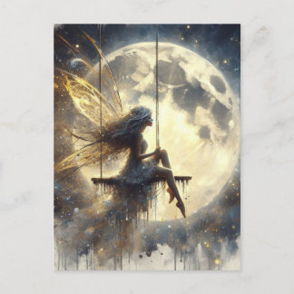 Carte Postale Fée qui se balancent devant la lune