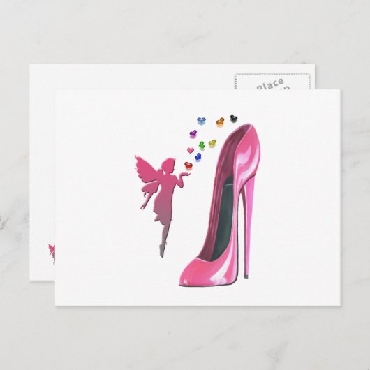 Carte Postale Fée rose et art de chaussure à talon aiguille (Devant / Derrière)