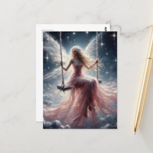 Carte Postale Fée sur une aile en robe rose