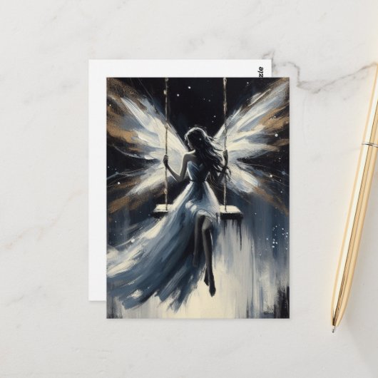 Carte Postale Fée sur une balançoire en robe blanche (Devant/Arrière en situation)