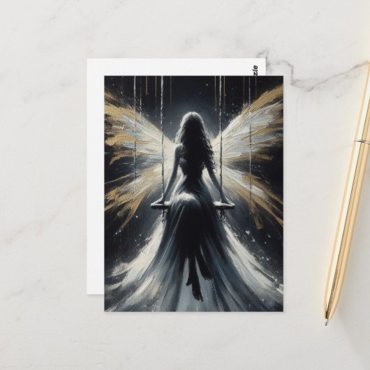 Carte Postale Fée sur une balançoire la nuit en robe blanche (Devant/Arrière en situation)