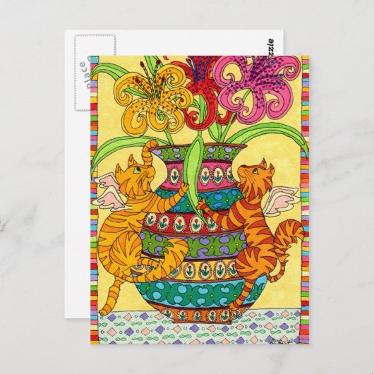 Carte Postale Fées de chats avec Vase ornée de lys (Devant / Derrière)
