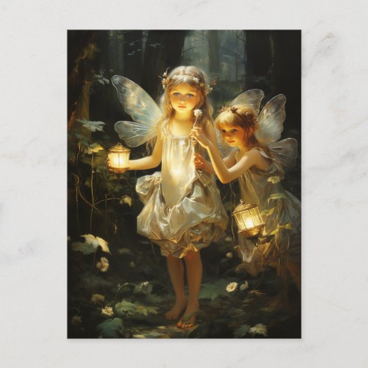 Carte Postale Fées de la forêt illuminant des lanternes (Devant)
