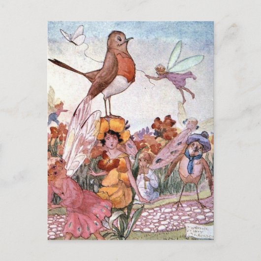 Carte Postale Fées et oiseaux dans un jardin, (Devant)