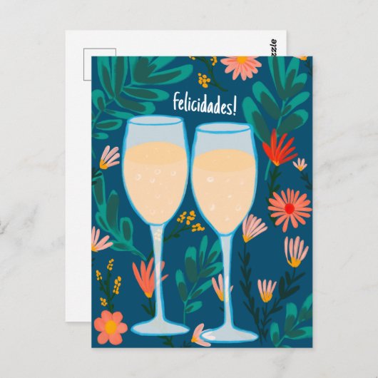 Carte Postale Felicidades Champagne au vin pétillant Salutations (Devant / Derrière)