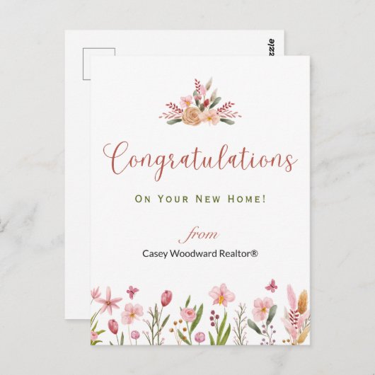 Carte Postale Félicitations à l'agent immobilier Fleurs Personna (Devant / Derrière)