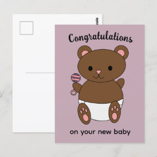 Carte Postale Félicitations Nouveau Bébé Fille Ours Rose