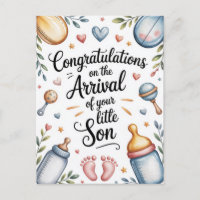 Félicitations pour nouveau bébé garçon aquarelle