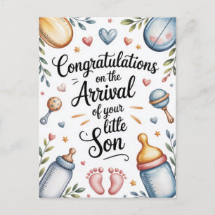 Carte Postale Félicitations pour nouveau bébé garçon aquarelle