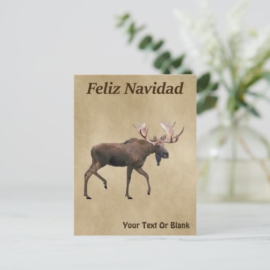 Carte Postale Feliz Navidad - Moose Sur Ancien Papier (Debout devant)