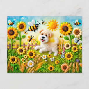 Carte Postale Felt Chien avec abeilles dans un jardin de tournes