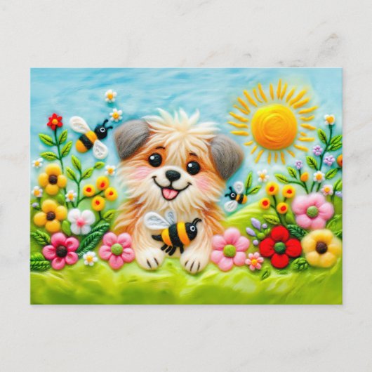 Carte Postale Felt Dog dans un jardin fleuri avec des abeilles (Devant)