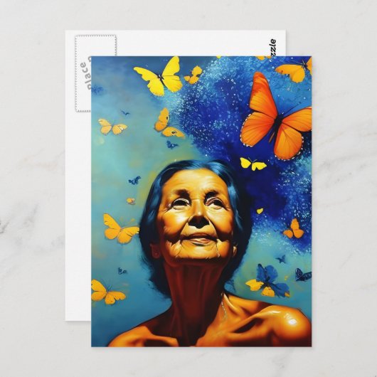 Carte Postale Femme âgée avec papillons (Devant / Derrière)
