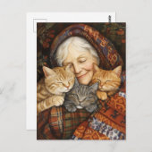 Carte Postale Femme Âgée Embrasser Trois Chats Cosy (Devant / Derrière)