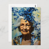 Carte Postale Femme âgée et papillons bleus (Devant / Derrière)